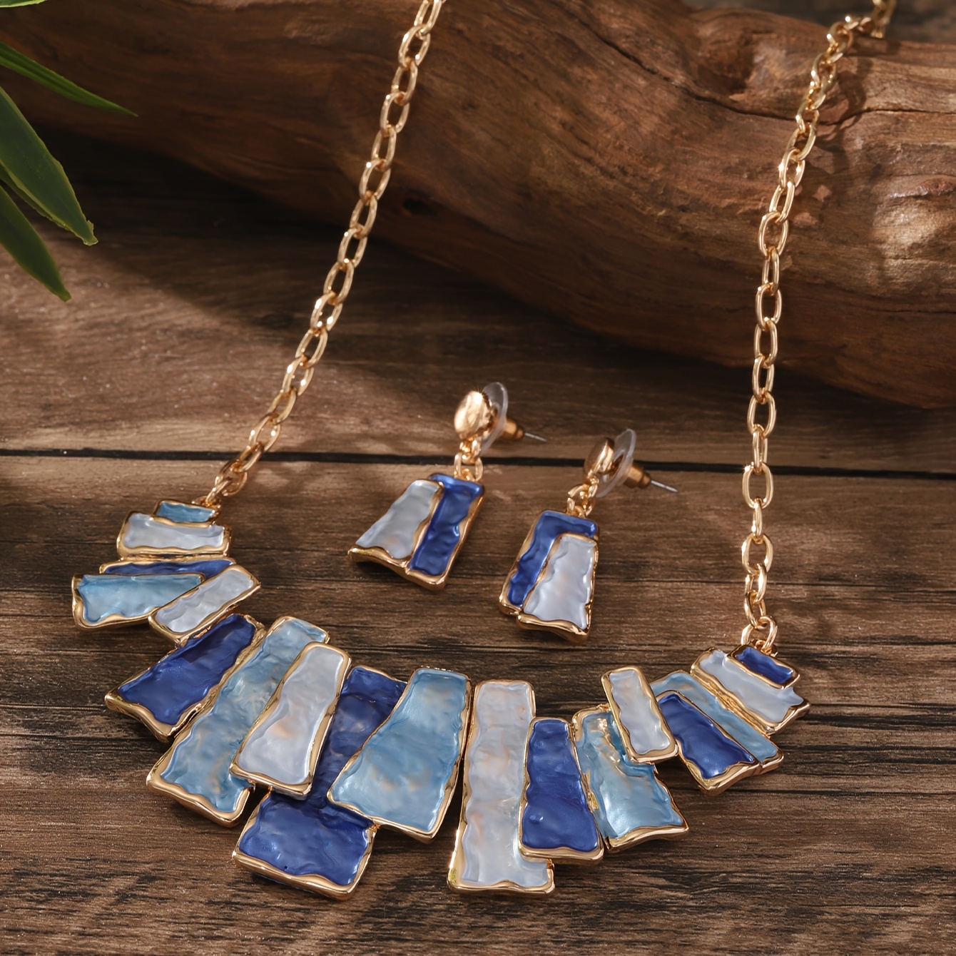 Geometric Japanese Earrings & Khaki Necklace Set
